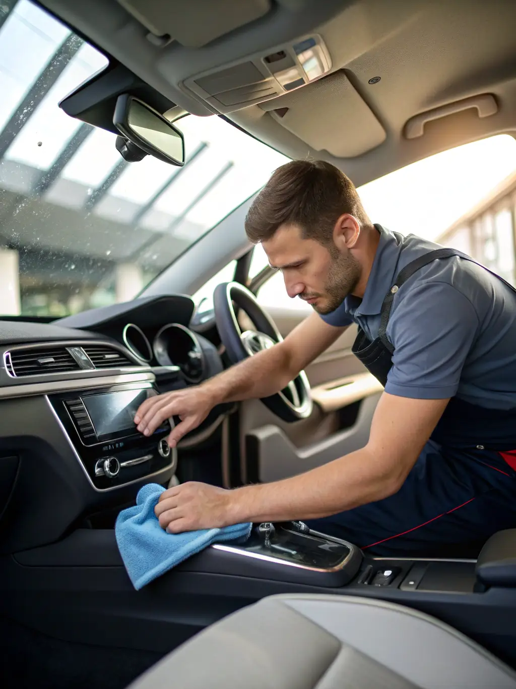 A close-up shot of a technician cleaning car seats inside a home, highlighting the in-home upholstery cleaning service.