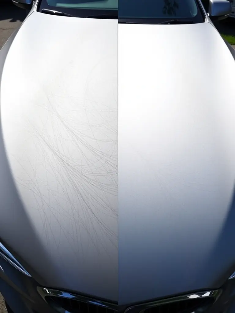 A before-and-after shot of a car's paint after paint enhancement, showing the removal of scratches and swirl marks, illustrating the effectiveness of Jonesy's Detailing's paint correction services.